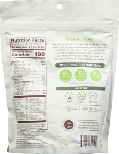 Nutiva Organic Raw Shelled Hemp Seed, USDA, Non-GMO, Non-BPA, Whole 30 Approved, Vegan, Gluten-Free & Keto, 10g Protein and 12g Omegas per Serving for Salads, Smoothies & More, Nutty flavor, 8 Ounce