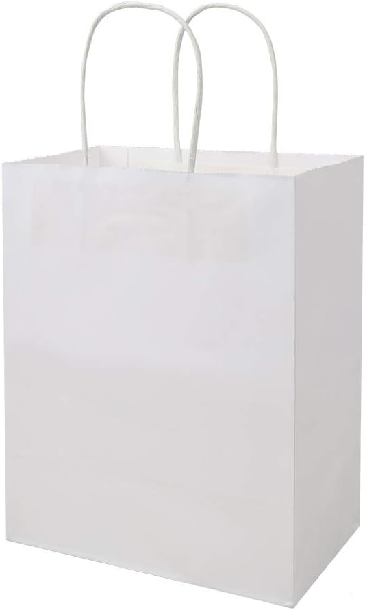 bagmad 100 Pack Sturdy Medium White Kraft Paper Bags with Handles Bulk, Thicken Gift Bags 8x4.75x10 Inch, Craft Grocery Shopping Retail Party Favors Wedding Business Sacks (White, 100pcs)