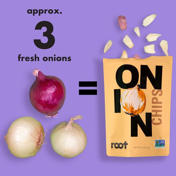 Root Foods Onion Chips, Natural Veggie Snack, Non-GMO Vegetable Crisps, Good for Adults, Kids, Vegan, Gluten Free, Kosher, Halal 6 pack