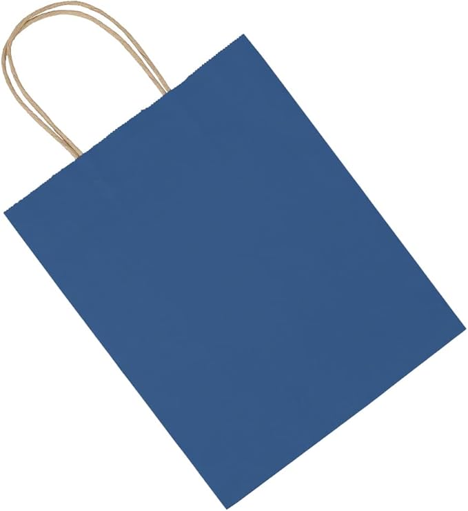 bagmad 100 Pack 8x4.75x10 Inch Medium Blue Gift Paper Bags with Handles Bulk, Kraft Bags, Craft Grocery Shopping Retail Party Favors Wedding Business Sacks (Blue, 100pcs)