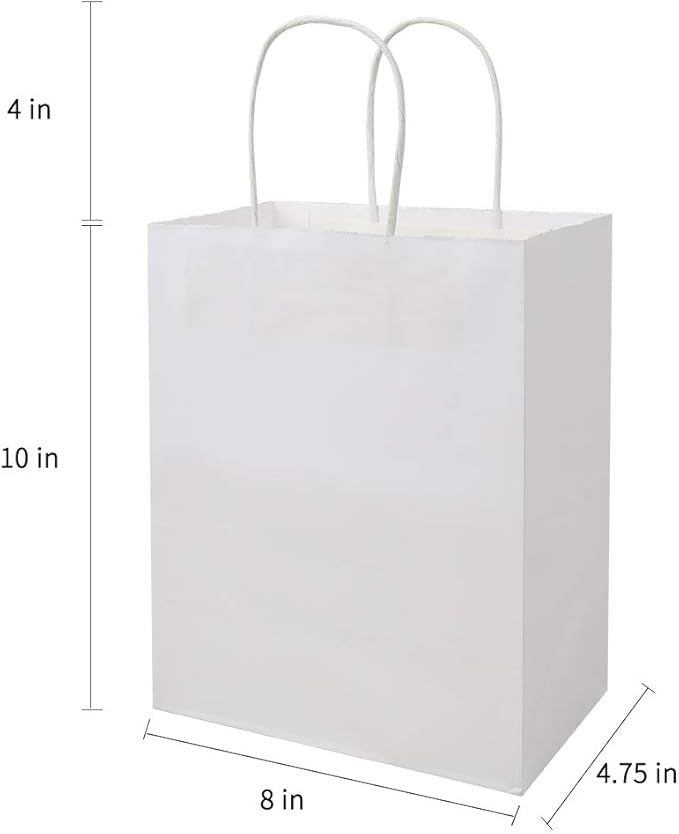 bagmad 100 Pack Sturdy Medium White Kraft Paper Bags with Handles Bulk, Thicken Gift Bags 8x4.75x10 Inch, Craft Grocery Shopping Retail Party Favors Wedding Business Sacks (White, 100pcs)