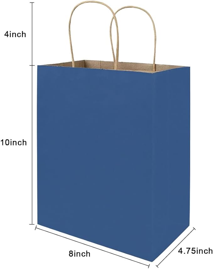 bagmad 100 Pack 8x4.75x10 Inch Medium Blue Gift Paper Bags with Handles Bulk, Kraft Bags, Craft Grocery Shopping Retail Party Favors Wedding Business Sacks (Blue, 100pcs)