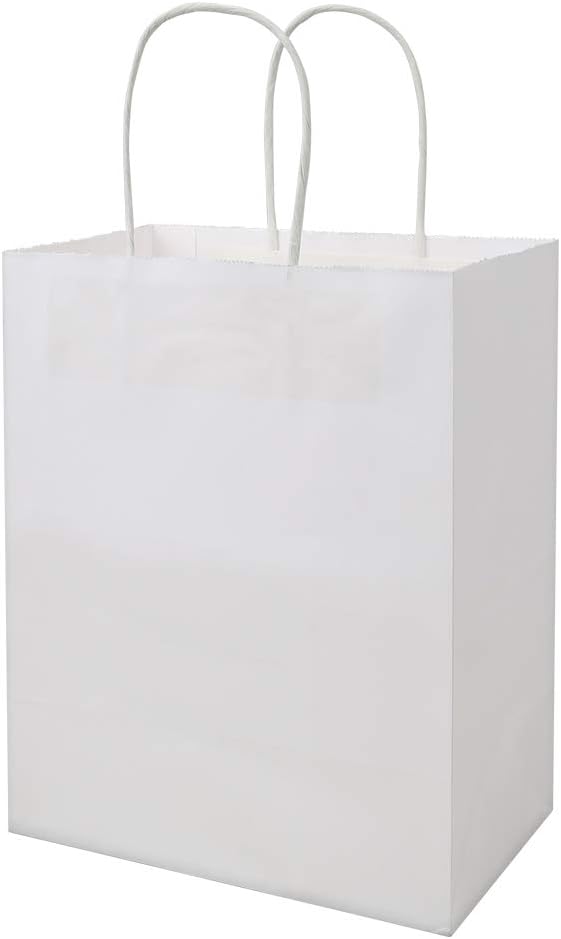 bagmad 100 Pack Multicolour Medium Gift Bags with Handles Bulk, 8x4.75x10 Inch White/Black/Green/Blue/Red Each 20pcs Kraft Birthday Party Favors Grocery Retail Shopping Craft Paper Bags (Multi Colored)