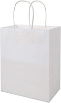 bagmad 100 Pack Sturdy Medium White Kraft Paper Bags with Handles Bulk, Thicken Gift Bags 8x4.75x10 Inch, Craft Grocery Shopping Retail Party Favors Wedding Business Sacks (White, 100pcs)