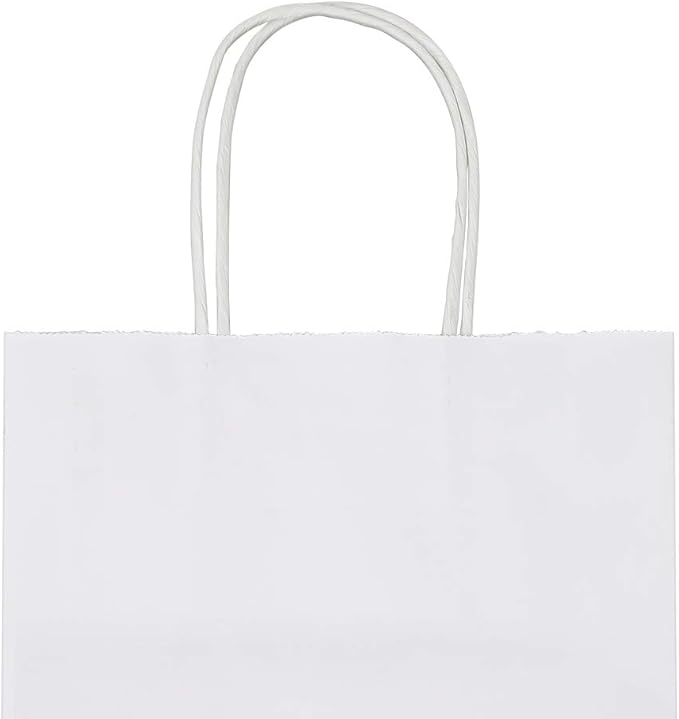 bagmad 100 Pack Sturdy Medium White Kraft Paper Bags with Handles Bulk, Thicken Gift Bags 8x4.75x10 Inch, Craft Grocery Shopping Retail Party Favors Wedding Business Sacks (White, 100pcs)
