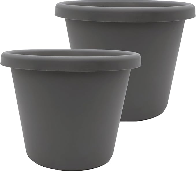 The HC Companies 11.5 Inch Classic Round Planter Pots with Drainage, Rolled Rim Plastic Planters for Indoor & Outdoor Plants, 2-Pack Decorative Flower Pots for Garden, Office & Home Decor, Warm Gray