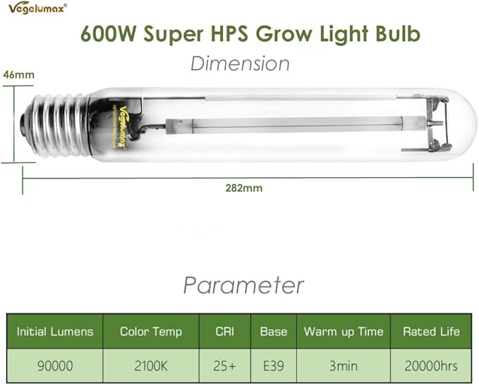 600Watt Hydroponic High Pressure Sodium HPS Grow Light Bulb Lamp,High PAR Enhanced Red and Orange Spectrums,CCT 2100K,Ultra Bright 90,000 Lumens,E39 Base,1pack