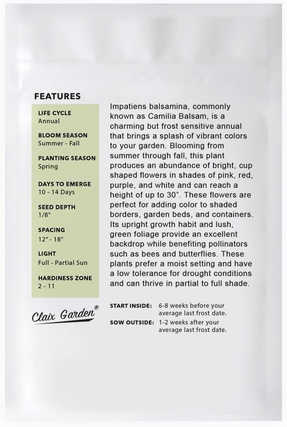 Camilia Flowered Balsam Mix - Impatiens Balsamina - 750 Seeds - Bright Mix Colors, Heirloom, Non-GMO, USA Grown, Excellent for Pollinators, Annual