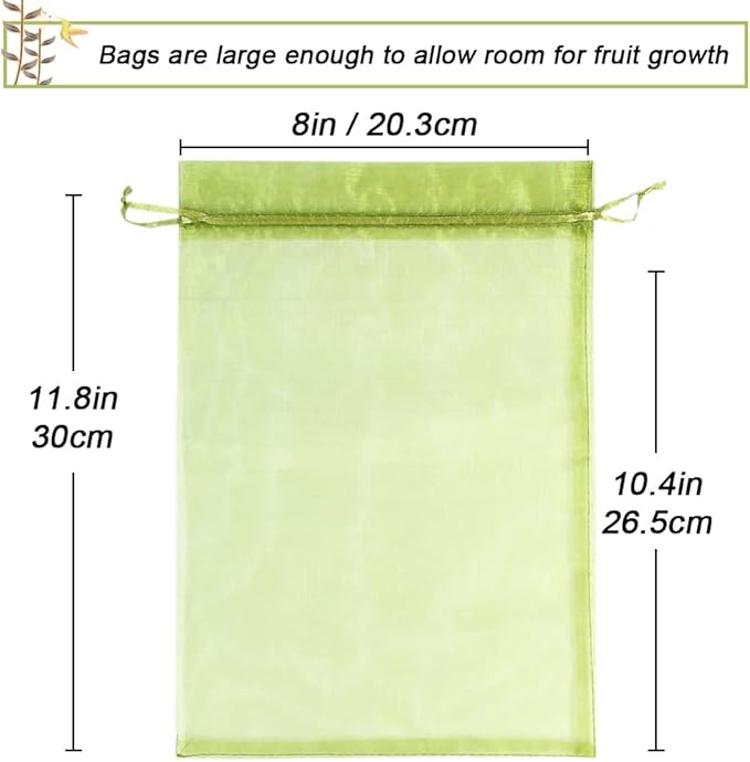 100pcs Fruit Protection Bags 8x12 inch, Green Netting Cover Bags Drawstring Mesh Fruit Protectors Pest Barrier for Grapes Mango Trees Veggies Garden