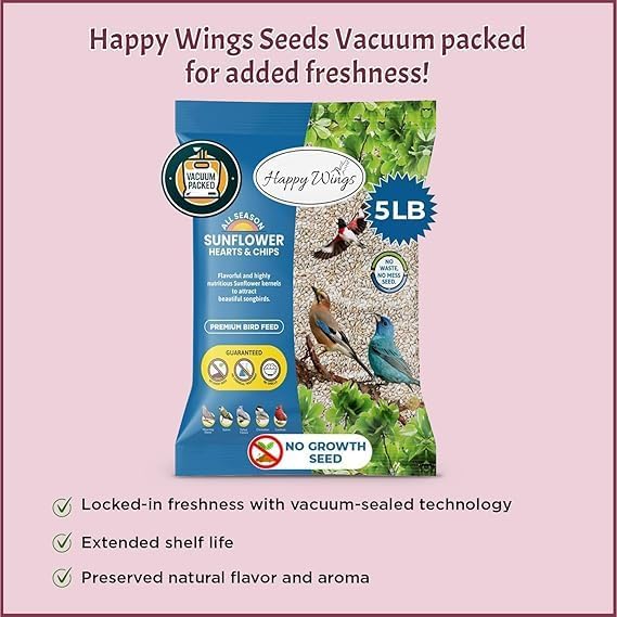 Happy Wings Sunflower Hearts & Chips Bird Food 5 lbs- Combo Pack of 2I No Mess, No Waste Seed No Grow Formula Ideal for Wild Birds, Finches, Sparrows, and Year-Round Feeding.
