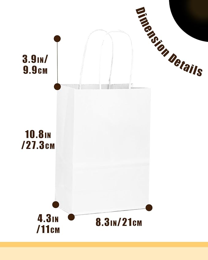 qiqee 200-Packs White Paper Gift Bags with Handles Bulk 10.6"x8.3"x4.3" Medium Size Paper Bags Multiple Uses