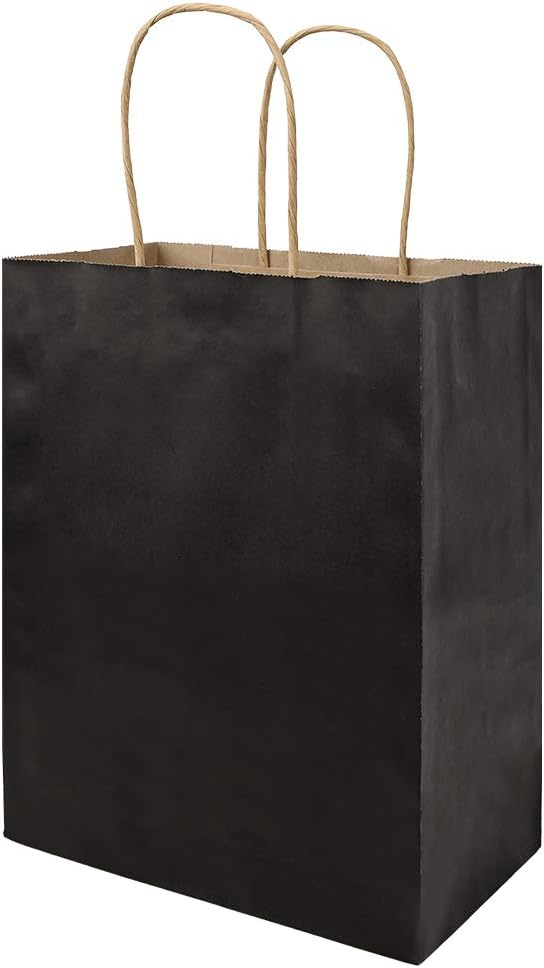 bagmad 100 Pack Medium 8x4.75x10 Inch Black Kraft Paper Bags with Handles Bulk, Gift Bags, Craft Grocery Shopping Retail Party Favors Wedding Business Sacks (Black, 100pcs)
