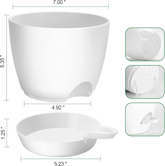 GARDIFE Self Watering Plant Pots with Drainage Holes,6 Pack 7 inch Plastic Flower Pots,Put On Indoor & Outdoor & Window Sill (7 inch|6 pcs, White)