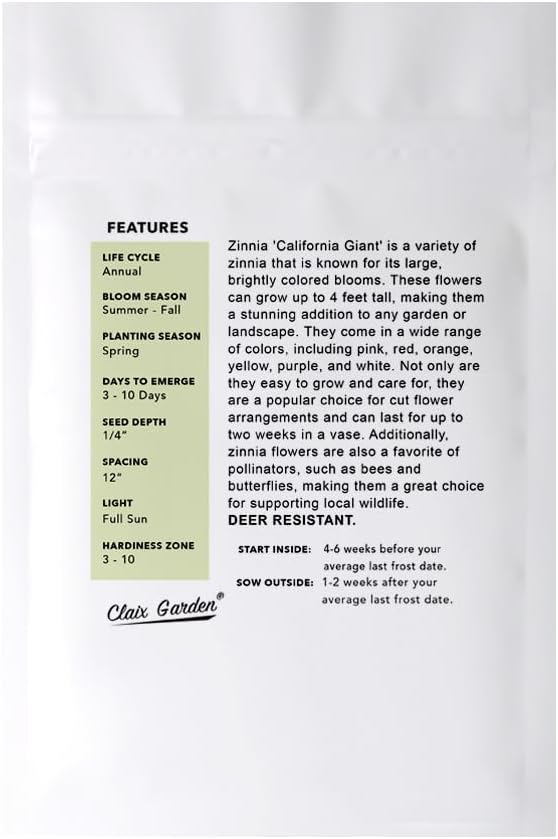 Zinnia Seeds - California Giants Mix - 4000 Seeds - Mixed Colors and Large Blooms, Heirloom Non-GMO USA Grown, Excellent for Pollinators, Annual - Vibrant Flowers for Any Home Garden