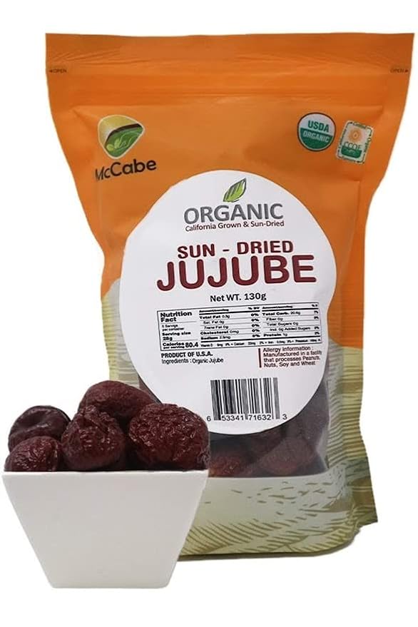McCabe Organic Sun-Dried Jujube - Dried Jujube Fruits Tea USES only no sugar, no machine dried, Rich with Vitamin D & Minerals | USDA and CCOF Certified | Product of USA | 130g (Pack of 3) | No Steamed | No Sugar Added | Very hard ball for boiling or f...