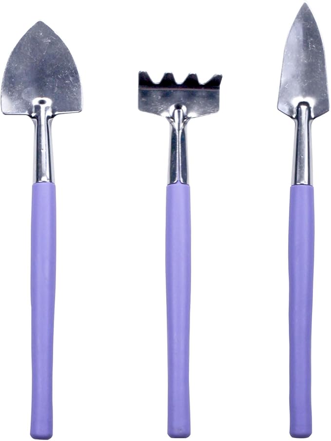 Mini Gardening Tools, 3Pcs Stainless Succulent Tools Kit Shovel Rake Trowel, 2 Colors Hand Shovel for Gardening for Indoor Small Plants, Succulents, Potted Plants, Bonsai (Purple)