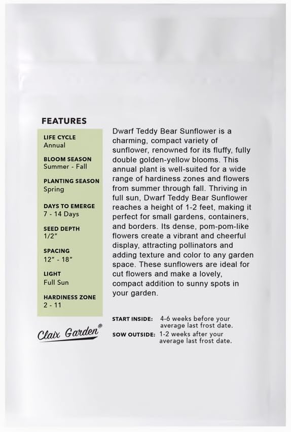 Sunflower Seeds - Teddy Bear - 100 Seeds - Heirloom, Non-GMO, USA Grown, Excellent for Pollinators, Annual, Deer Resistant - Low-Maintenance Sunflower Seeds for Any Home Garden
