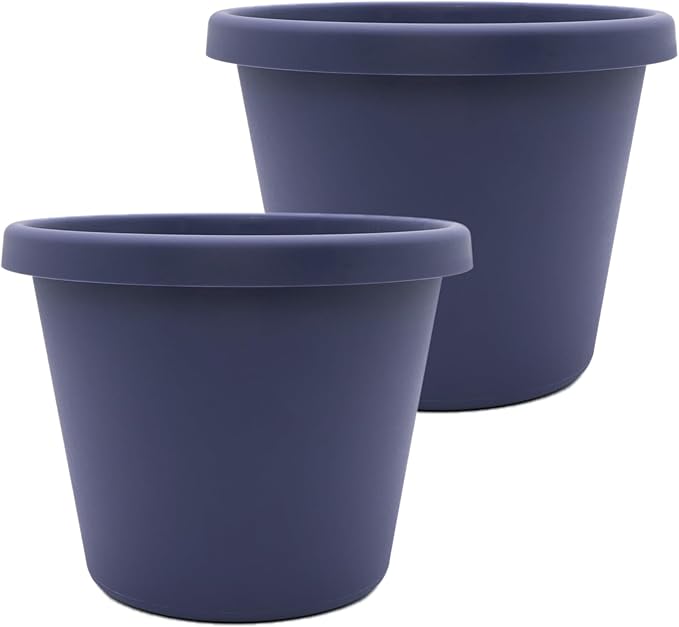 The HC Companies 12 Inch Prima Round Planter Pots w/Drainage Holes & Rolled Rim, Lightweight UV-Resistant Plastic Indoor & Outdoor Planters, 2-Pack Flower Pots for Garden & Home Decor, Twilight Blue