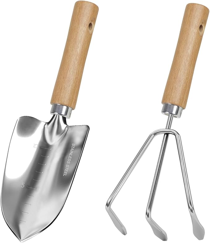 LeMotech Garden Tool Set, 2Pcs Gardening Hand Tools, Stainless Steel Trowel and Cultivator with Handle, Outdoor Gardening Kit for Women Men