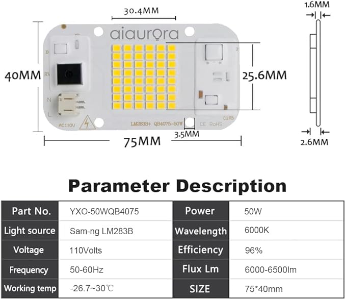 2PCS AC110V 50W Solderless AC Led Chip with LM283B+ Diode 6000K Led Panel with Bracket, Thermal Grease, Scraper for DIY Hydroponic Grow Lamp, Floodlight, Street Light (LM283B 6000K)