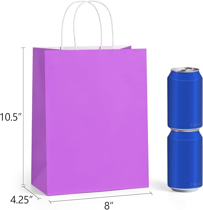 BagDream 8x4.25x10.5 Inch 100Pcs Purple Gift Bags Medium, Kraft Paper Bags with Handles Bulk for Welcome Party Favors, Baby Shower, Goody, Treat, Retail, Grocery Paper Sacks