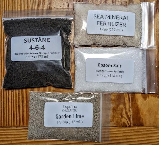 Gardening with Leon Organic Fertilizer Kit - Sustane 4-6-4 Organic Slow-Release Fertilizer, Sea Mineral Fertilizer, Epsom Salt & Gardening Lime - 1.8 lb (4 Cups) kit