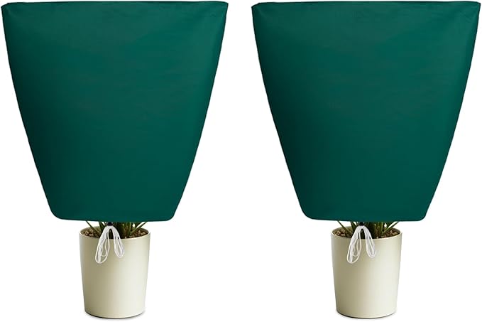 Plant Covers Freeze Protection, 2 Pack Frost Cloth with Zipper Drawstring 24’’×32’’, Reusable Outdoor Protection Jacket for Shrub Tree Potted Plants Winter Cold Weather(Green)