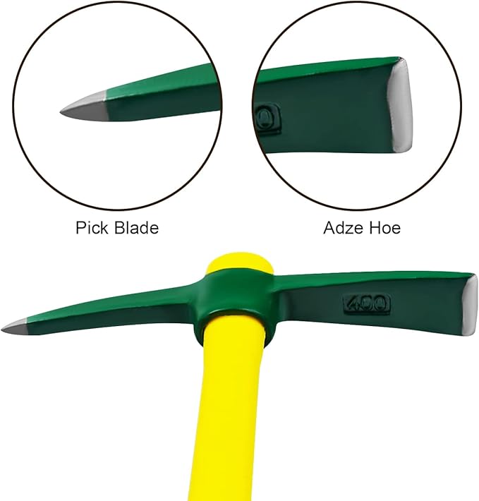Forged Adze Pick, Weeding Mattock Hoe, Pick Axe 15-Inch, One Piece Intact Drop Forged, Plastic Coated Fiberglass Handle, 1.4LB