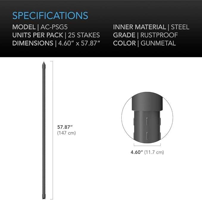 AC Infinity Garden Plant Stakes 60", Sturdy Metal Support Sticks with Protective Plastic Coating, 25-Pack for Tomatoes, Trees, and Vines in Gardening Hydroponics