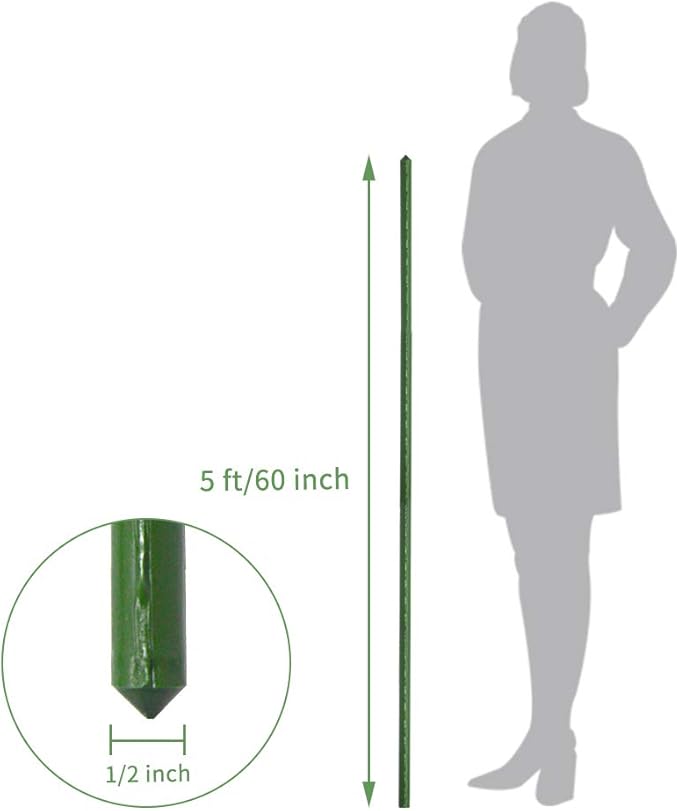 Growsun Tomato Stakes 5ft Metal Plastic Coated Garden Stakes Plant Cage Supports Treills Climbing for Tomatoes,Trees,Cucumber,Fences,Beans,25 Pack