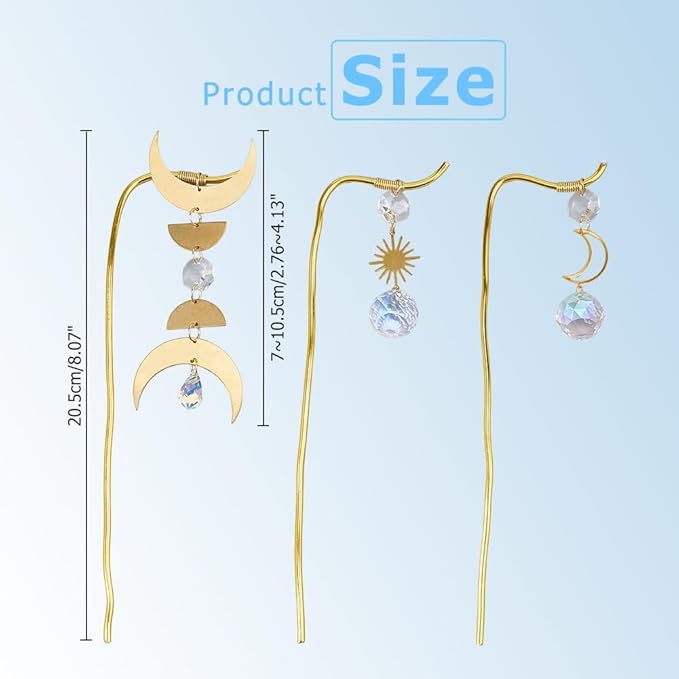 3Pcs Small Metal Trellis Gold Plant Support Stake Brass Plant Stake Cute Plant Decoration with Sun Moon Pendant for Garden Potted Plant Hoya Pothos Flower Monstera