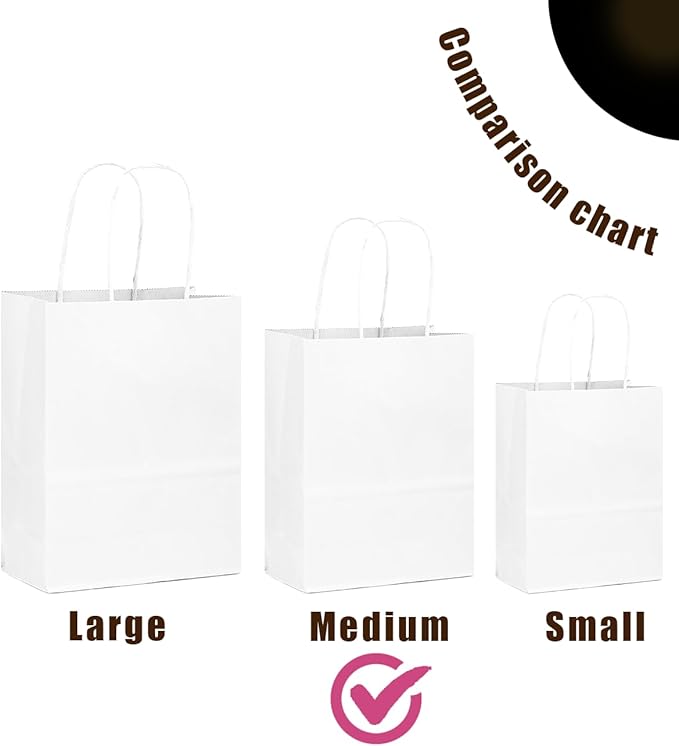 qiqee 200-Packs White Paper Gift Bags with Handles Bulk 10.6"x8.3"x4.3" Medium Size Paper Bags Multiple Uses