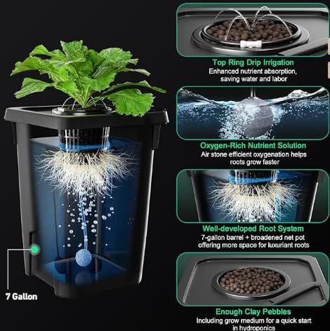 Hydroponics Growing Buckets, 1PCS Deep Water Culture Bucket System 7 Gallon Recirculating Drip Garden System with Air Pump & Clay Pebbles for Greenhouse, Garden, Balcony (1 PCS)