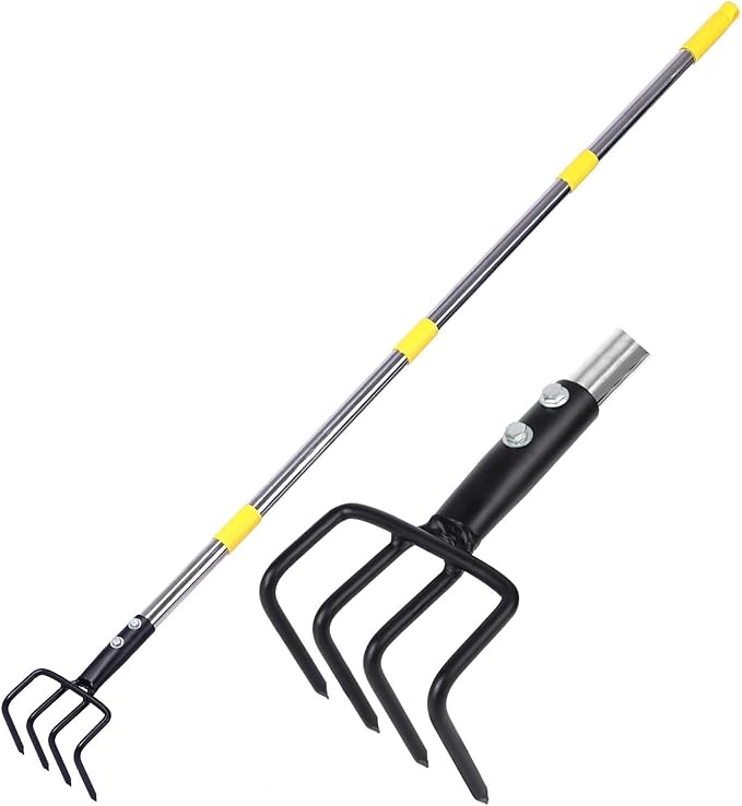 Garden Hand Tiller Cultivator, 4-Tine Adjustable Long Handle, Heavy Duty Weeding Tool for Raised Beds, Rust-Resistant Soil Loosener for Flower & Vegetable Gardens