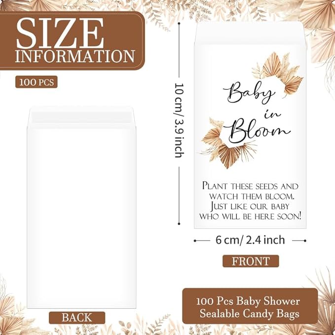 Maitys 100 Pcs Baby Shower Seed Packets Favors for Guests Baby in Bloom Wooden Sign Self Adhesive Envelopes Packet Storage Decor, No Seeds(Boho Style)