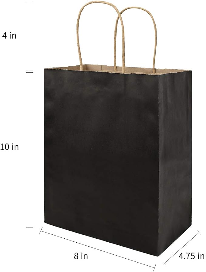 bagmad 100 Pack Medium 8x4.75x10 Inch Black Kraft Paper Bags with Handles Bulk, Gift Bags, Craft Grocery Shopping Retail Party Favors Wedding Business Sacks (Black, 100pcs)