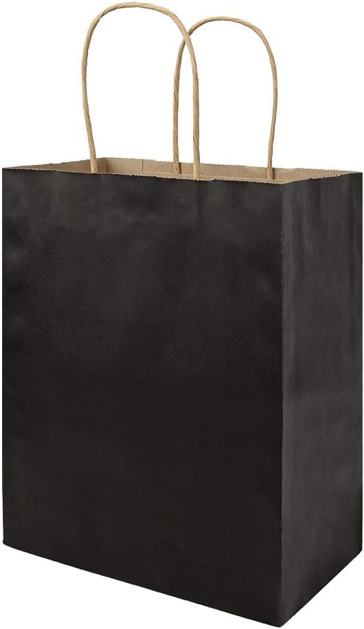 bagmad 100 Pack Medium 8x4.75x10 Inch Black Kraft Paper Bags with Handles Bulk, Gift Bags, Craft Grocery Shopping Retail Party Favors Wedding Business Sacks (Black, 100pcs)