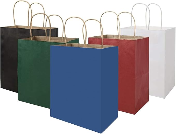 bagmad 100 Pack Multicolour Medium Gift Bags with Handles Bulk, 8x4.75x10 Inch White/Black/Green/Blue/Red Each 20pcs Kraft Birthday Party Favors Grocery Retail Shopping Craft Paper Bags (Multi Colored)