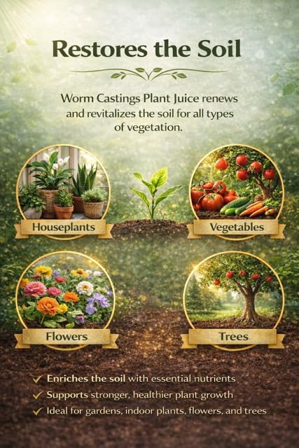 Worm Castings Tea Plant Juice - Gallon. Concentrated Worm Tea with Kelp and Feather Meals. Indoor and Outdoor Soil Restorer and Plant Fertilizer for All Vegetation with Soil. (Gallon)