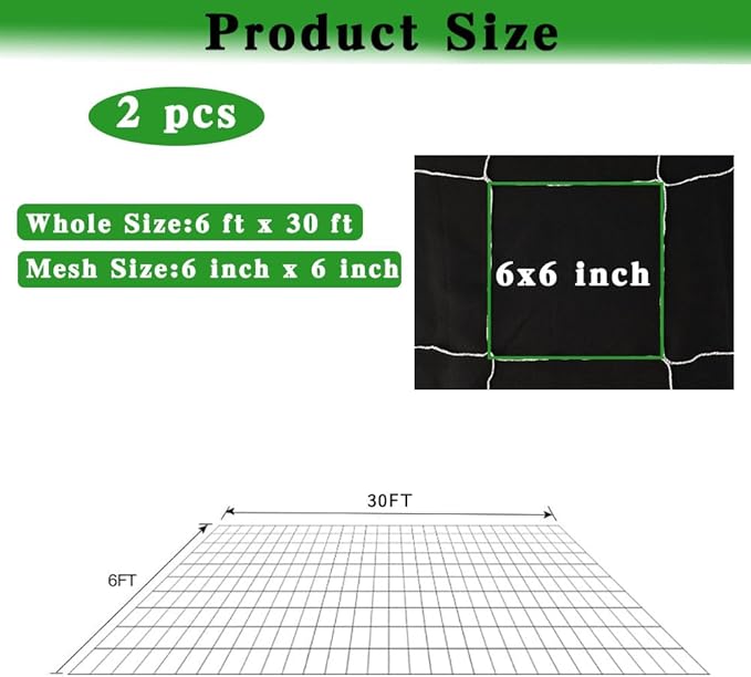 Trellis Netting for Climbing Plants 2 Pcs 6x30Ft Garden Trellis Netting Plant Support Net Heavy Duty Climbing Net Trelliss for Vegetables Fruits Grape Beans Tomatoes Peas Pumpkin Flowers Outdoor