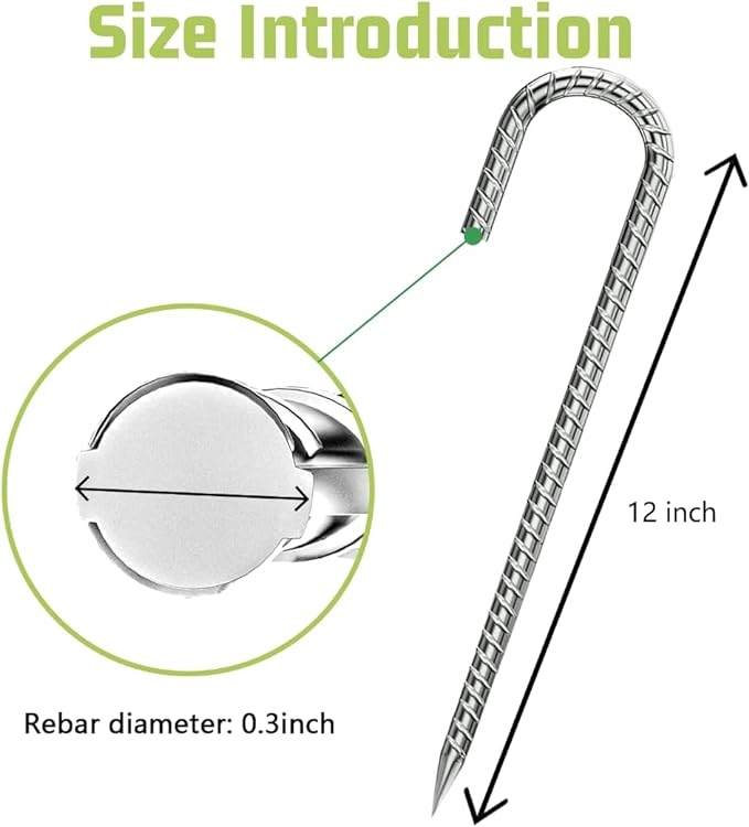 Rebar-Stakes-12-Inch, Ground Stakes Heavy Duty J-Hook Galvanized Anti-Rust Heavy Duty Ground Anchors for Garden Dog Fence Chicken Coop Christmas Decorations Deer Fence 12pcs