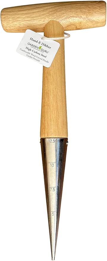 Garden Guru Steel Dibber Planter Tool for Planting Seeds & Bulbs - High Carbon Steel & Comfortable Wood Carved Handle - for Consistent Planting Flowers Tulips, Daffodils, Dahlias (4 Pack)