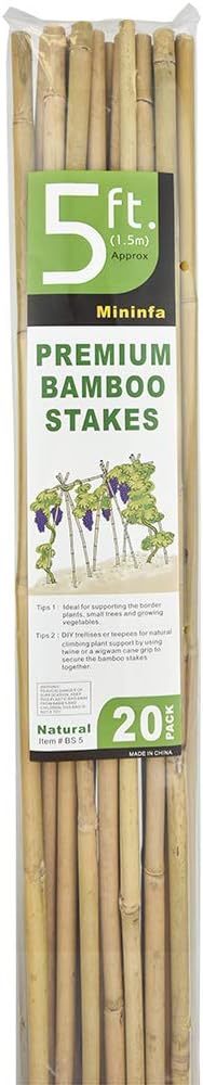 Mininfa Natural Bamboo Stakes 57 Inch (Approx 5 FEET), Eco-Friendly Garden Stakes, Plant Stakes Supports Climbing for Tomatoes, Trees, Beans, 20 Pack
