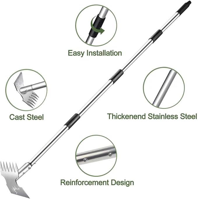 Weed Puller Tool with Long Handle, 60'' Manual Weed Puller Tool, Stainless Steel 2 in 1 Hand Weed Rake,Heavy Duty Garden Hoe for Gardening,Uprooting (Chrome(Stainless Steel), 60" Long Handle)
