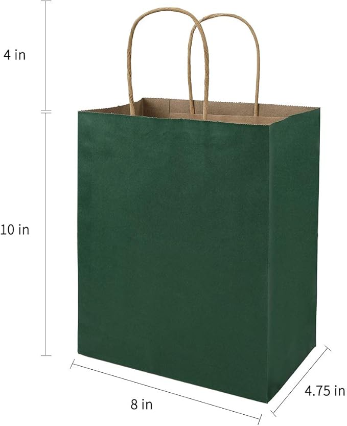 bagmad 100 Pack 8x4.75x10 Inch Medium Green Gift Paper Bags with Handles Bulk, Kraft Bags, Craft Grocery Shopping Retail Party Favors Wedding Business Sacks (Dark Green, 100pcs)