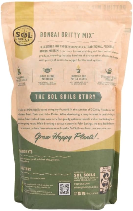 Sol Soils Bonsai Soil Potting Mix - Gritty, Fast Draining, Peat Moss Free - 2 Quarts - Pine Bark, Granite, Pumice, Calcined Clay