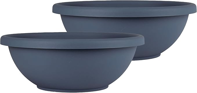 The HC Companies 13 Inch Shallow Garden Bowl Plant Pot with Drainage, Lightweight UV-Resistant Plastic Planters for Succulents, Herbs & More, 2-Pack Planters for Indoor Outdoor Home Decor, Slate Blue