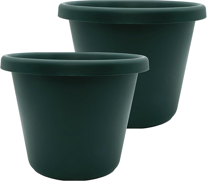 The HC Companies 11.5 Inch Classic Round Planter Pots with Drainage, Rolled Rim Plastic Planters for Indoor & Outdoor Plants, 2-Pack Decorative Flower Pots for Garden, Office & Home Decor, Evergreen