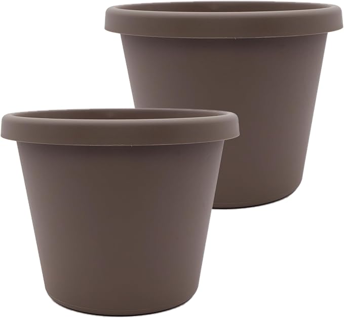 The HC Companies 12 Inch Prima Round Planter Pots with Drainage Holes and Rolled Rim, Lightweight UV-Resistant Plastic Indoor & Outdoor Planters, 2-Pack Flower Pots for Garden & Home Decor, Cappuccino