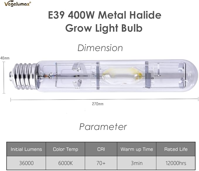 MH 400W Metal Halide HID Grow Light Bulb Lamp with High PAR Enhanced Blue and Violet Spectrum for Indoor Horticulture Vegetative Plant Growth,CCT 6000K,36,000Lumens,E39 Base,1Pack